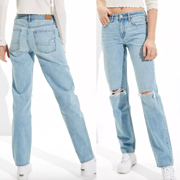 AMERICAN EAGLE '90s Straight Jean Light Wash Ripped Rips High Waisted High Rise - Picture 3 of 16